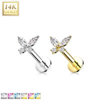 14K Gold Threadless Labret with CZ ButterflyTop