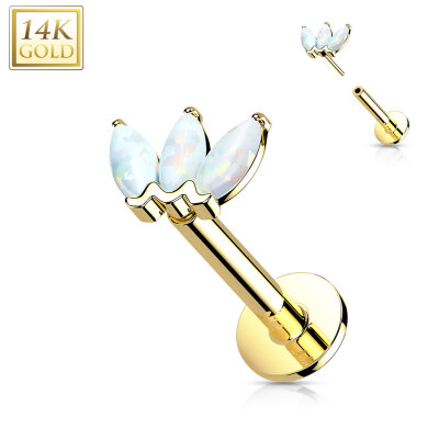 14K Gold Threadless Labret 3-Marquise Opal Top