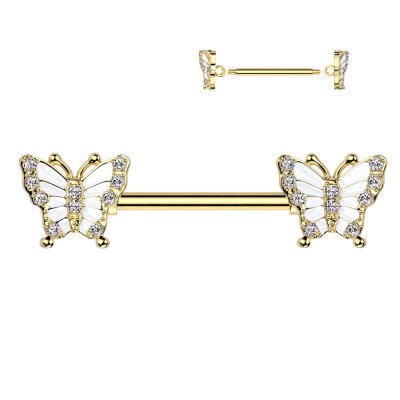 2er Set Goldbeschichteter Brustwarzenpiercings mit Zirkonia und Schmetterlingdesign