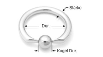 Ein Piercing-Ring wird gemessen, der Durchmesser des Rings und der Kugel sowie die Stärke des Metalls wird beachtet